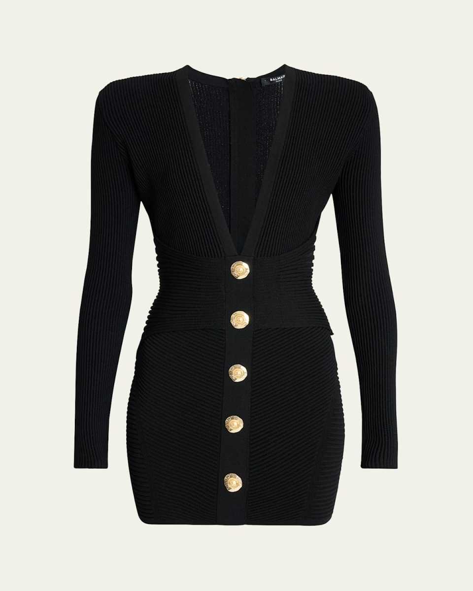Buttoned Plunging Rib Knit Mini Dress